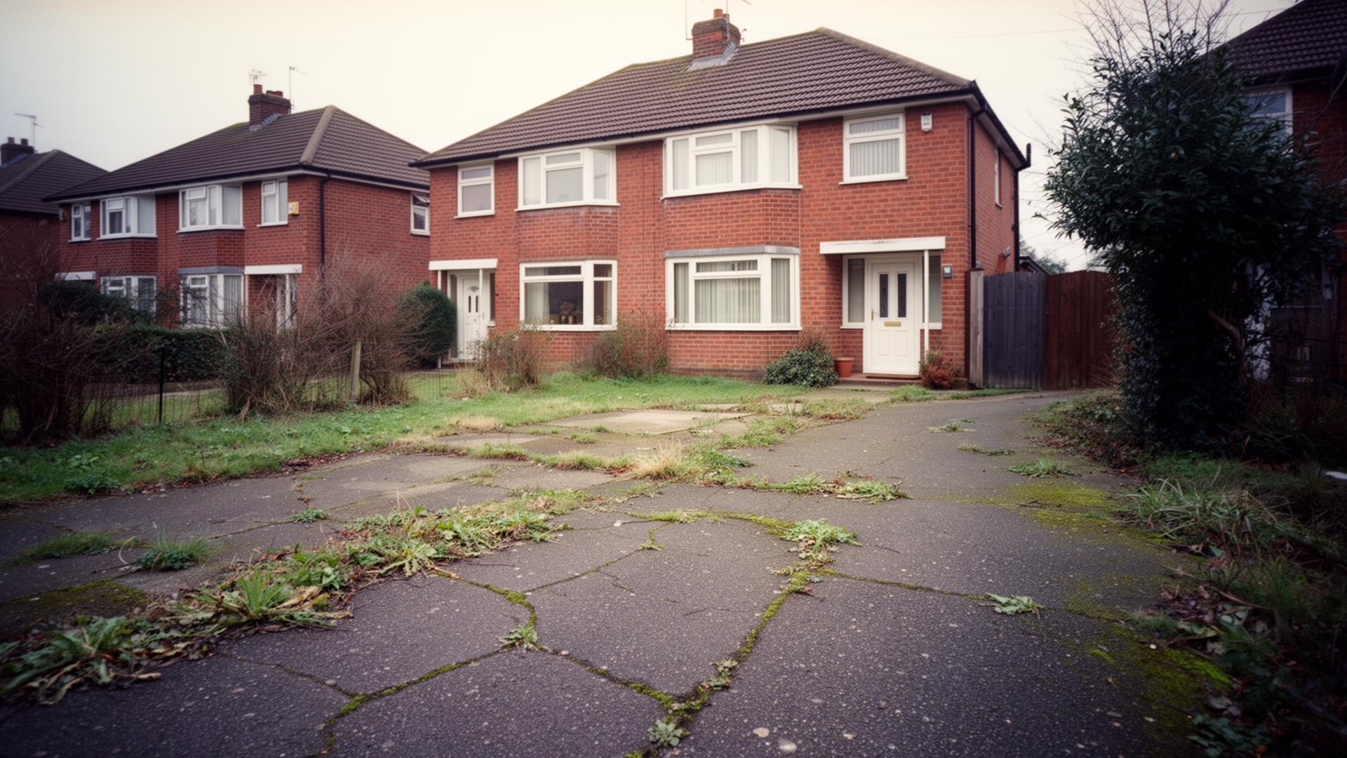 A worn cracked asphalt driveway with weeds